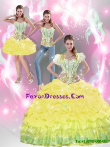 2015 Fall Beautiful Yellow Quinceanera Dresses with Beading and Pick Ups