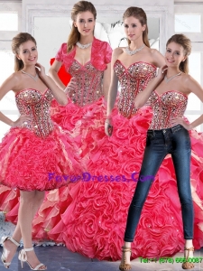 2015 Summer Luxurious Beaded Ball Gown Quinceanera Dress with Hand Made Flowers