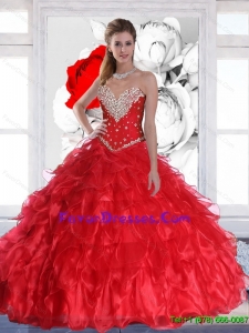 New Arrival 2015 Fall Red Quinceanera Dresses with Ruffles and Beading
