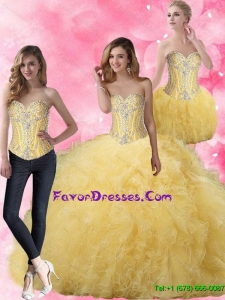 Top Seller 2015 Summer Ball Gown Yellow Quinceanera Dresses with Beading