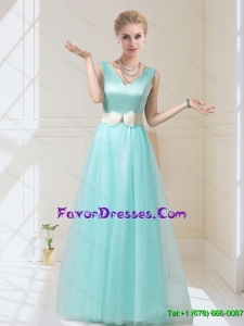 New Arrival V Neck Floor Length Bridesmaid Dresses with Bowknot for 2015 Summer