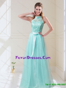 2015 Summer Elegant Empire Halter Top Laced Mint Prom Dresses with Sash
