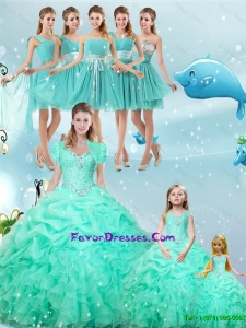 2015 Summer Perfect Ruffles and Beaded Quinceanera Dress and Aqua Blue Short Dama Dresses and Cute Scoop Litter Girl Dre