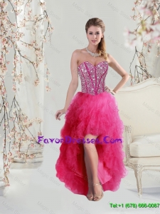 2016 Elegant High Low Sweetheart Beaded and Ruffles Prom Dresses in Hot Pink
