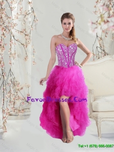 2016 Gorgeous Inexpensive High Low Sweetheart Fuchsia Prom Dresses with Beading and Ruffles