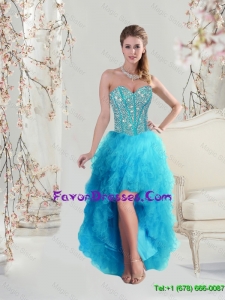 2016 Most Popular Beautiful Sweetheart Beaded and Ruffles Turquoise Prom Dresses High Low