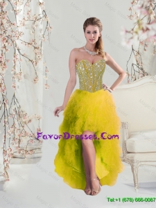 2016 Most Popular Classical High Low Sweetheart Yellow Prom Dresses with Beading and Ruffles