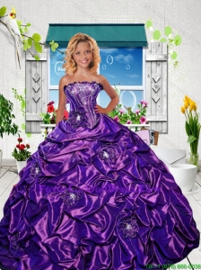 2015 Fall New Style Strapless Purple Little Girl Pageant Dress with Appliques and Pick-ups