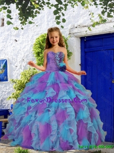 2015 Summer Cheap Beading and Ruffles Purple and Blue Little Girl Pageant Dress with Hand Made Flower