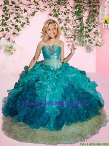 2015 Summer Cheap Strapless Turquoise Little Girl Pageant Dress with Beading and Ruffles