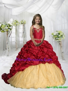 Fashionable 2015 Fall Spaghetti Straps Pick Ups Little Girl Pageant Dress with Sweep Train