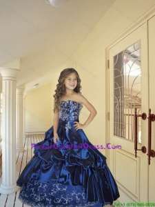 Luxurious 2015 Fall Strapless Navy Blue Little Girl Pageant Dress with Appliques and Pick-ups