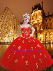 2015 Summer Cheap Strapless Red Little Girl Pageant Dress with Appliques