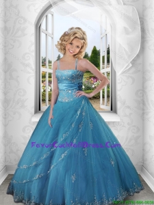 2015 Winter Pretty Appliques and Beading Blue Strapless Little Girl Pageant Dress