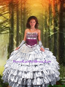 2016 Fall New Style Strapless Silver Little Girl Pageant Dress with Ruffled Layers