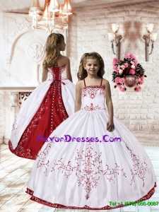 Luxurious 2016 Fall Spaghetti Straps White Satin Little Girl Pageant Dress with Embroidery