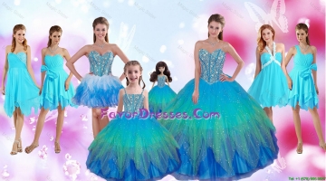 Perfect Beaded Multi Color Quinceanera Dresses and Aqua Blue Dama Dresses and Cute Straps Little Girl Dresses and Sexy S