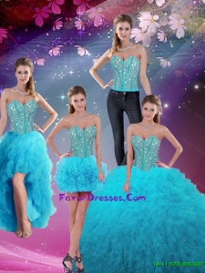 2015 Sweetheart Beaded and Ruffles Sweet 16 Dresses in Aqua Blue