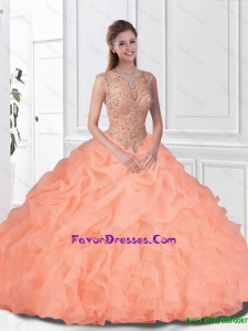 2016 Perfect Beaded and Ruffles Watermelon Quinceanera Gowns with Bateau