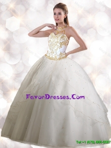 2016 Spring Pretty Halter Top White Quinceanera Gowns with Appliques