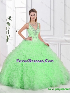 2015 Beautiful Open Back Spring Green Sweet 16 Dresses with Ruffles