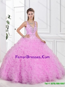 2015 Fashionable V Neck Sweet 16 Dresses with Beading and Ruffles