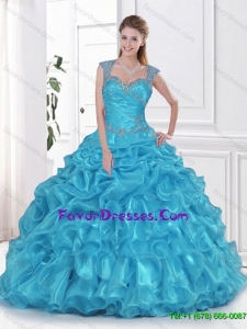 Wonderful Beading and Ruffles Aqua Blue Sweet Fifteen Dresses