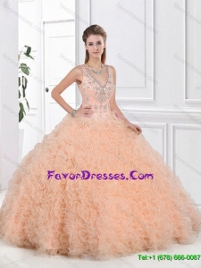 Pretty V Neck Peach Quinceanera Dresses with Open Back
