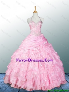 2016 Pretty Halter Top Pink Quinceanera Dresses with Appliques
