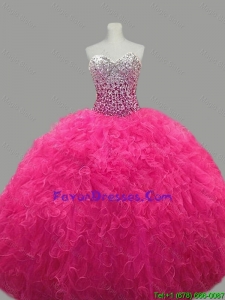 2016 Puffy Sweetheart Hot Pink Quinceanera Dresses with Beading and Ruffles