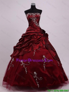 2016Elegant Strapless Ball Gown Wine Red Sweet 16 Dresses with Appliques