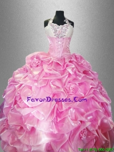 2016 Perfect Halter Top Quinceanera Dresses with Pick Ups and Hand Made Flowers