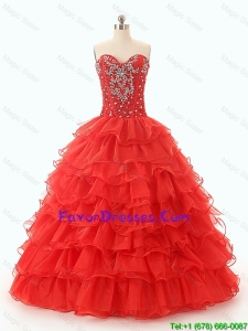 2016 Popular Beaded and Ruffled Layers Quinceanera Dresses in Red