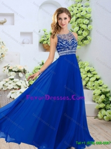 Luxurious Bateau Brush Train and Beaded Prom Dresses in Blue