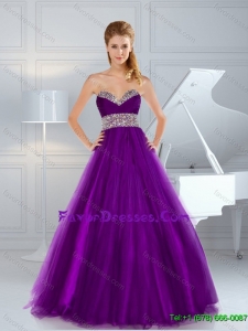 Exclusive A Line Beaded Purple Prom Dresses with Brush Train