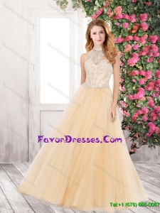 Exquisite Halter Top Champagne Prom Dresses with Beading