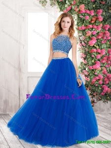 Perfect A Line Bateau Blue Prom Gowns with Beading for 2016