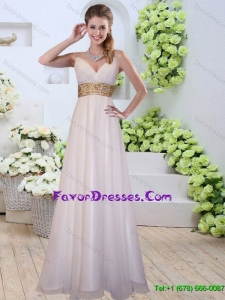 Simple Spaghetti Straps White Prom Dresses with Belt