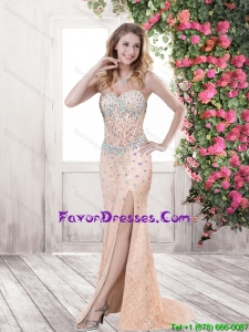 Beautiful Beaded and High Slit Prom Dresses with Brush Train