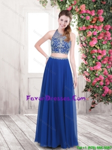 Beautiful Brush Train Halter Top Prom Dresses in Blue for 2016