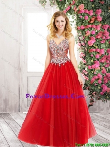 Discount A Line V Neck Red Prom Dresses with Beading