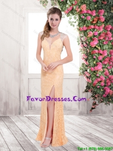 Beautiful Column Straps Laced Prom Dresses with Open Back