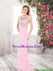 Cheap Brush Train Appliques Prom Dresses in Rose Pink