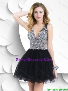 Pretty Beaded Black Short Prom Gowns with V Neck