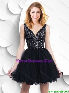 2016 Pretty Beaded and Laced V Neck Prom Dresses in Black