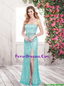 Popular Column Laced Prom Dresses with Beading and High Slit