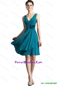 Pretty 2016 Teal V Neck Prom Gown with Hand Made Flowers