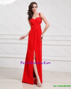 2015 Empire One Shoulder Sequins Prom Dresses with Slit in Red
