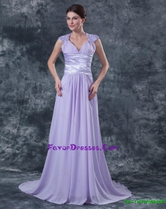 2015 Pretty Empire V Neck Prom Dresses with Beading in Lavender
