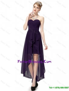 2016 Cheap High Low Sweetheart Purple Prom Dresses with Ruching